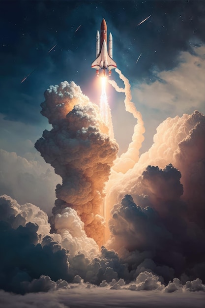 Spaceship taking off with clouds on blue background created using generative ai technology