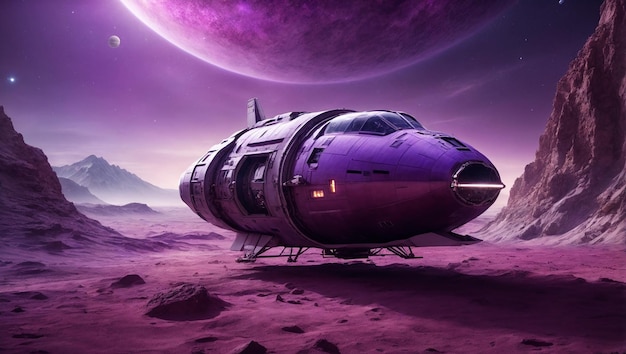 A spaceship that lands on a planet with purple shades