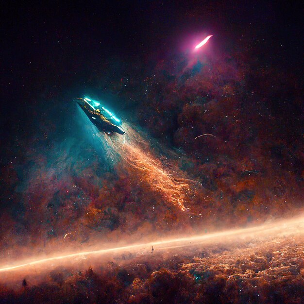 a spaceship traveling through nebula