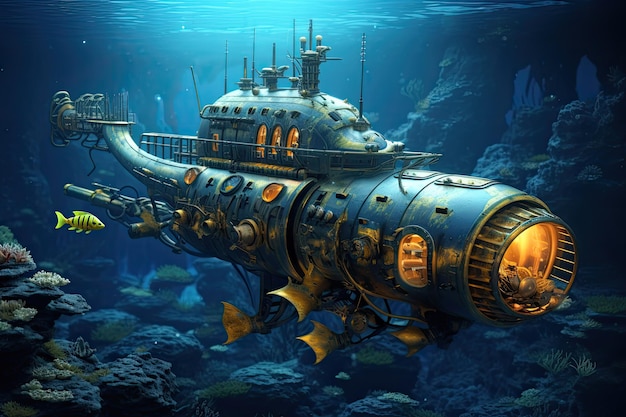 Spaceship underwater in deep blue sea 3D rendering a fantasy submarine AI Generated