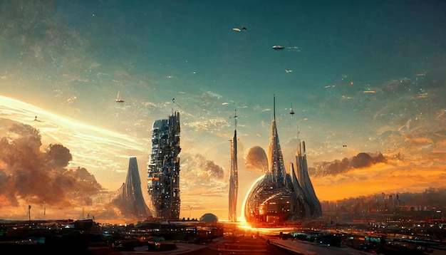 Spaceship up to Futuristic City Fractal architecture illustration