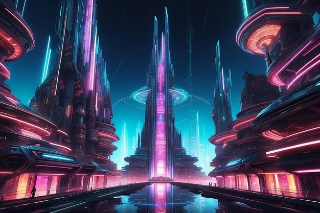 Spaceship up to Futuristic City neon ligths Fractal architecture illustration illustration for wallpaper