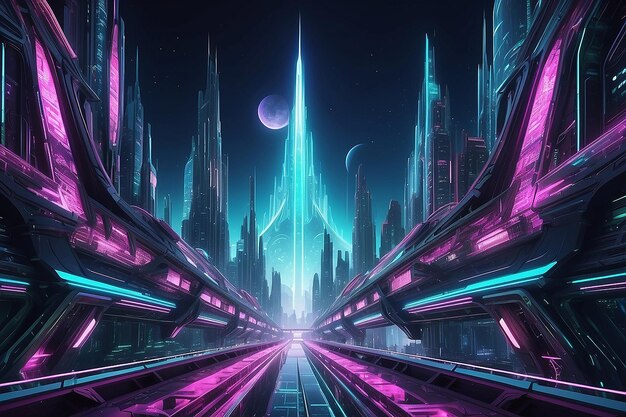 Spaceship up to Futuristic City neon ligths Fractal architecture illustration illustration for wallpaper