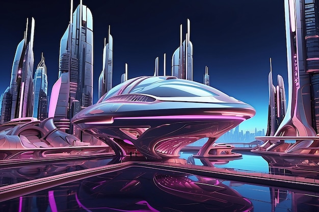 Spaceship up to Futuristic City neon ligths Fractal architecture illustration illustration for wallpaper