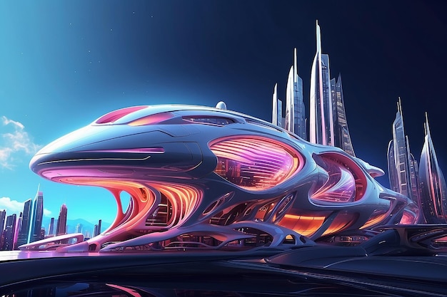 Космический корабль до футуристического города неоновые огни Фрактальная архитектура иллюстрация иллюстрация для обоев