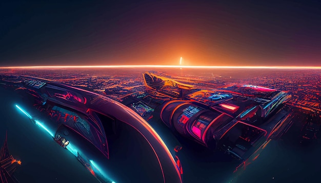 Spaceship up to Futuristic City neon ligths Fractal architecture illustration