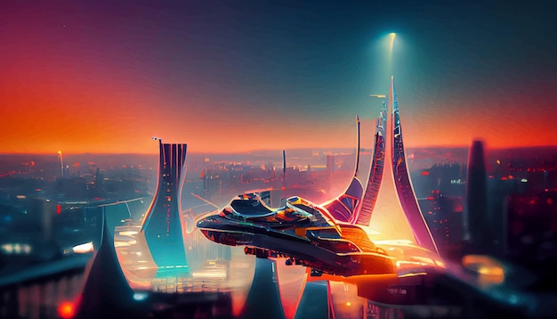 Spaceship up to Futuristic City neon ligths Fractal architecture illustration