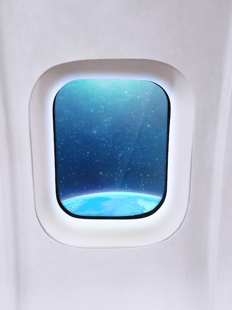 Spaceship window view of earth and stars