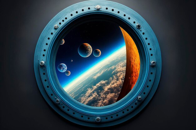 Spaceship window view porthole from rocket to dark sky with earth stars planets shuttle with round g