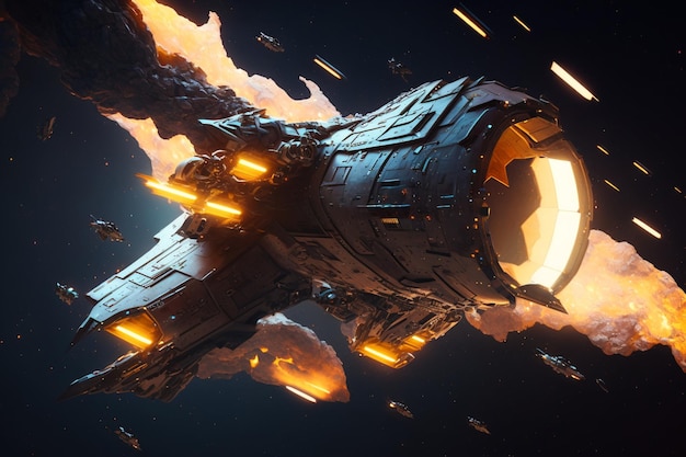 A spaceship with a fireball in the background