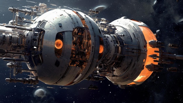 Космический корабль с большим двигателем и массивным двигателем в космическом генеративном аи