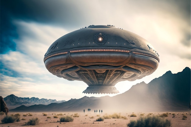 a spaceship with people in the desert and mountains in the background.
