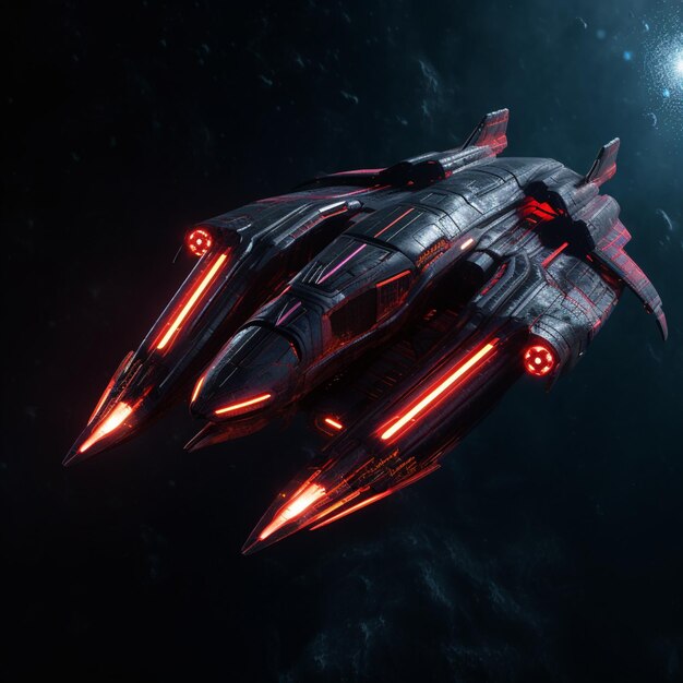 spaceship with red lights flying in space with a star in the background generative ai