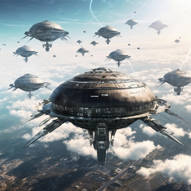 spaceships flying over a city in the sky with clouds generative ai