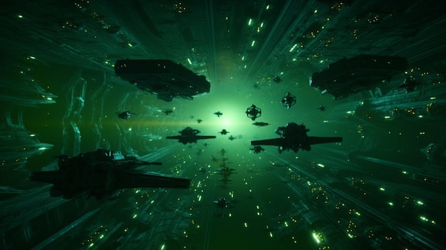 Spaceships flying through a green space filled with lots of lights generative ai