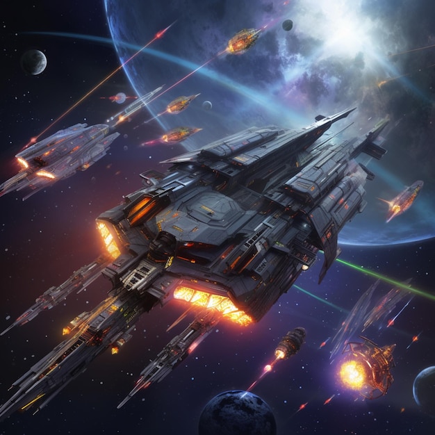 spaceships and rockets flying in the sky with a planet in the background generative ai
