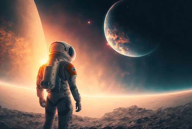 Spacesuit clad astronaut standing next to a planet in distant space