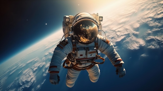 Spacewalk astronaut cosmonaut hovering above the ground Beauty of deep space Billions of galaxies in the universe Boundless space galaxy