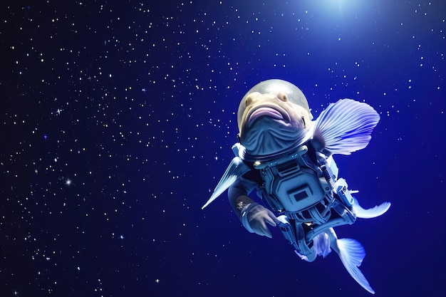 Photo spacewalking fish explore the depths of space where fish don astronaut suits swimming gracefully among the stars and planets