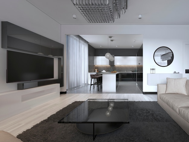 Ampio monolocale interno appartamento con pareti bianche in stile scandinavo, sala da pranzo e cucina. rendering 3d