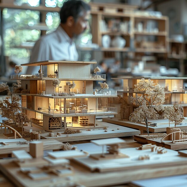 Photo spacious architecture firm with models and drafts in motion