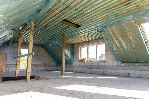 Photo spacious attic under construction with thermal insulation and skylights in a new home