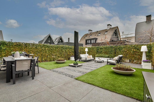 Spacious backyard with a dining area