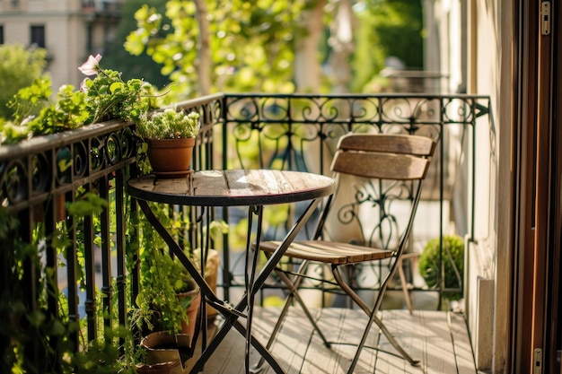 Spacious Balcony terrace with chairs and natural decoration Generate ai