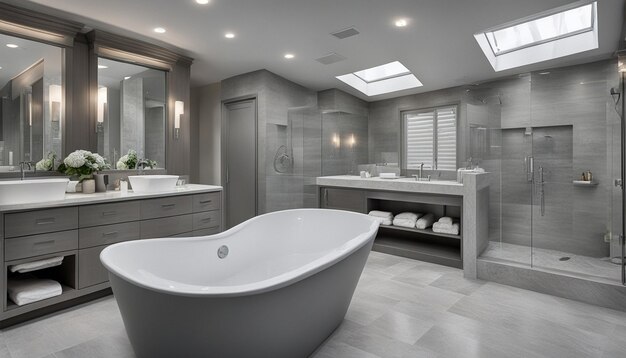 Photo spacious bathroom in gray tones with heated floors