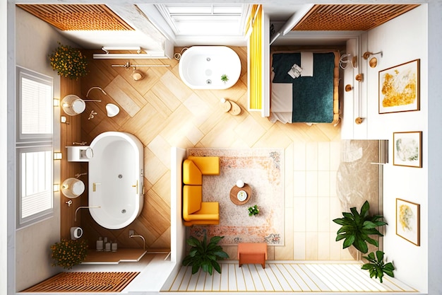 Foto ampio bagno in elegante appartamento vista dall'alto con pareti decorate e luminosa stufa a pavimento generativa ai