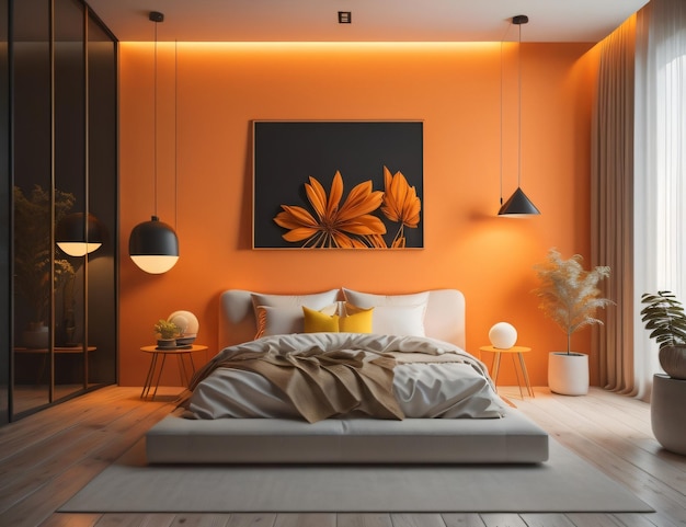 Spacious bedroom in orange color with paintings on the walls and a natural view