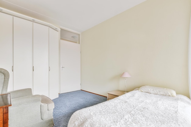 Просторная спальня с ковровым покрытием в белом дизайне с большим шкафом