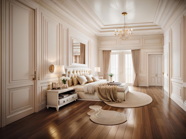 Spacious bedroom with a wooden floor and chandelier