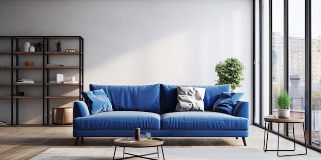 Photo spacious blue sofa in contemporary living room with open windows to dark kitchen