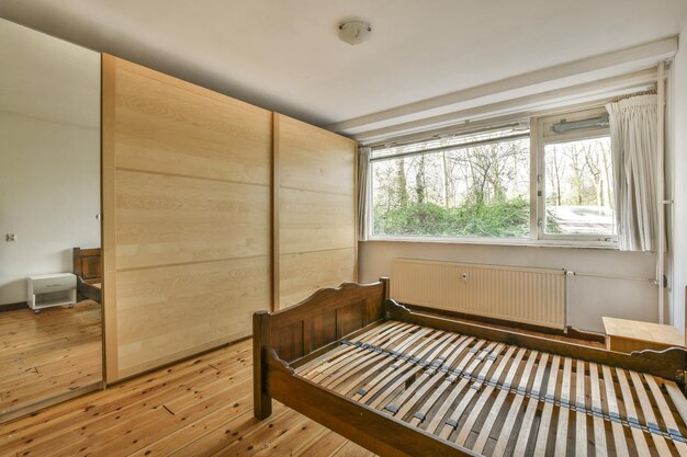 Spacious bright bedroom with a minimalist bedside table