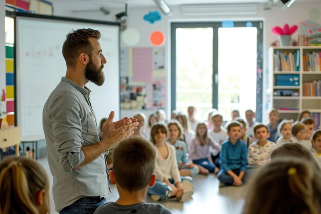 In a spacious and bright classroom a teacher is giving a lesson to the students