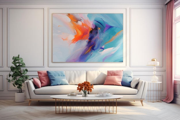 A spacious and bright living room with an abstract painting on the wall Generative AI