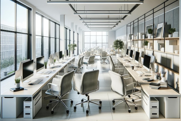 Spacious and bright modern office space featuring open desks with computers comfortable chairs and urban views