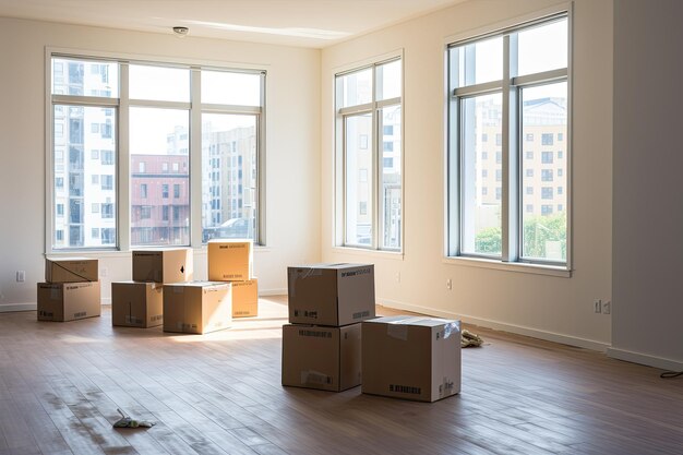 Spacious bright room with large windows and boxes