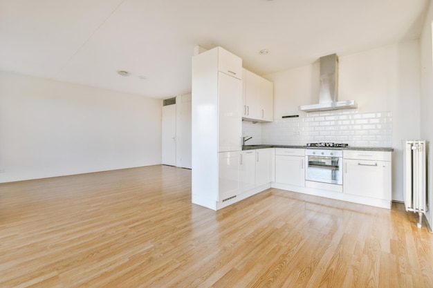 Spacious bright white kitchen with corridor