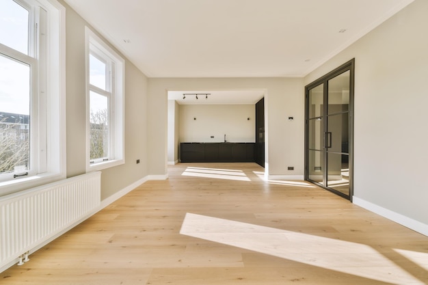 Spacious bright white kitchen with windows