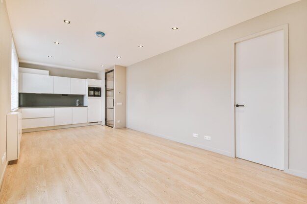 Spacious bright white kitchen with windows