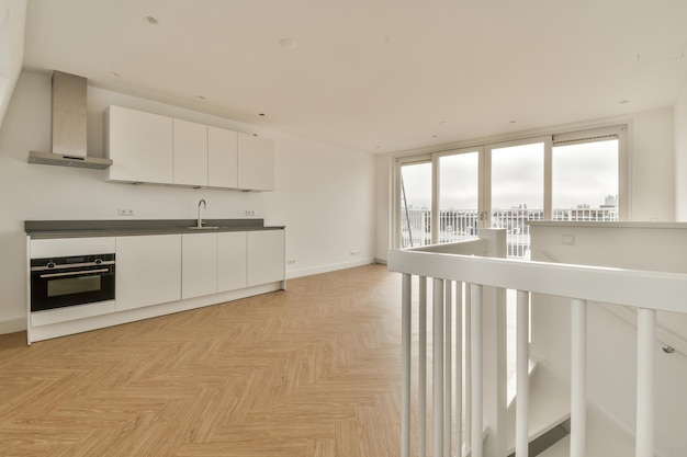 Spacious bright white kitchen with windows