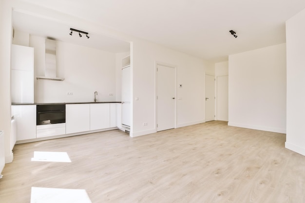 Spacious bright white kitchen with windows