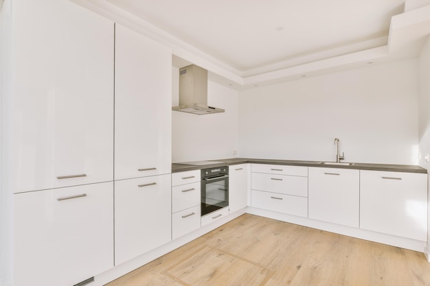 Spacious bright white kitchen with windows