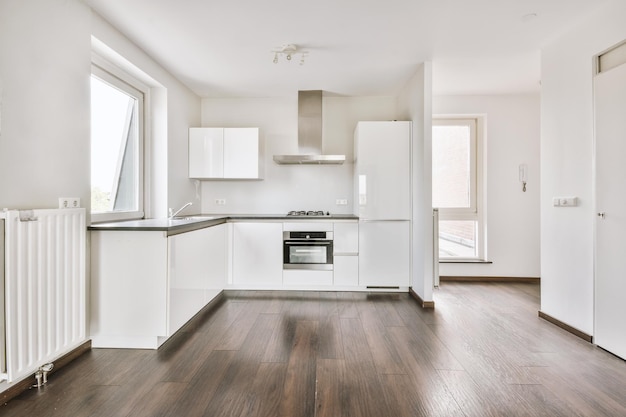 Spacious bright white kitchen with windows