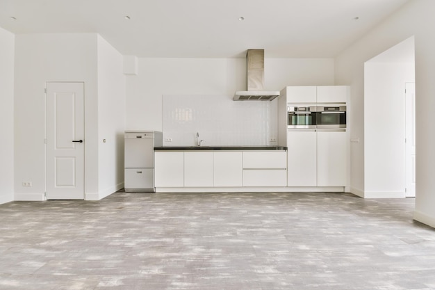 Photo spacious bright white kitchen with windows