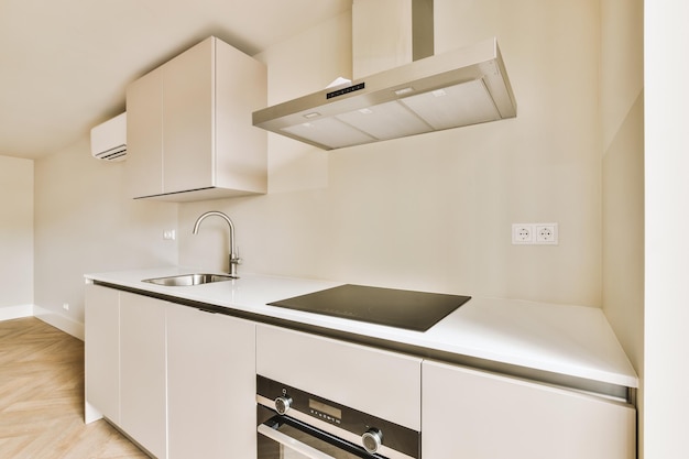 Spacious bright white kitchen with windows