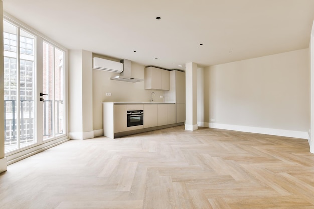 Photo spacious bright white kitchen with windows