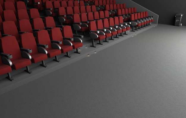 Spacious cinema auditorium with red chairs